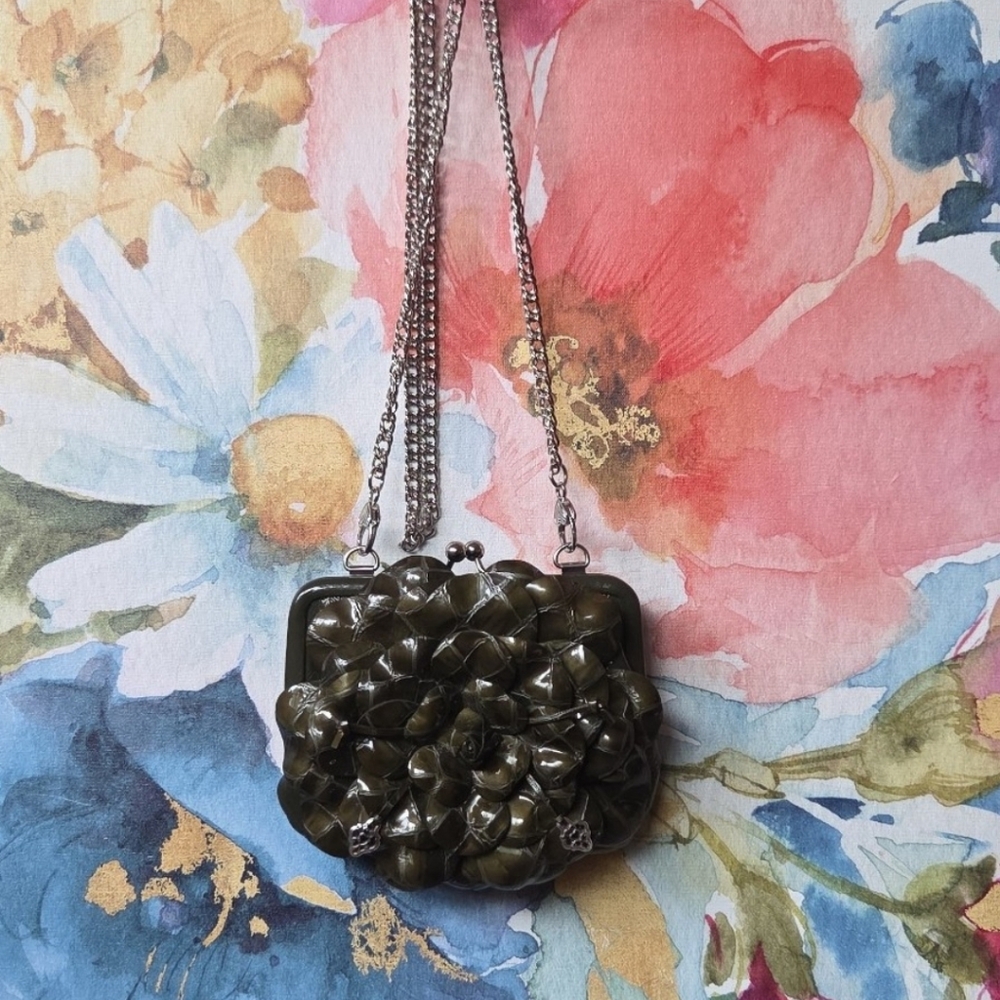 Brighton Olive Green Patent Leather Rose Floral Coin Crossbody Mini Bag
